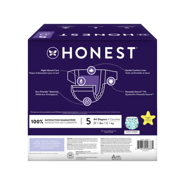 ⁦The Honest Company Overnight Baby Diapers, Sleepy Sheep, Size 5, 44 ct⁩ - الصورة ⁦2⁩