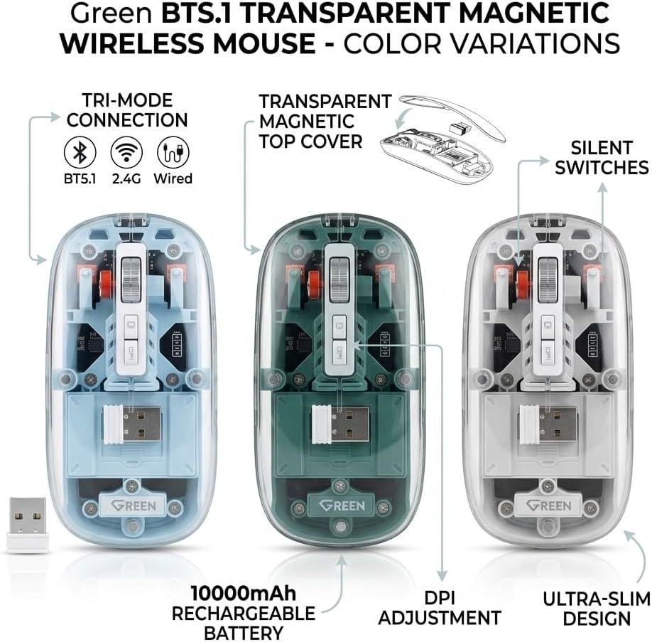 Green Wireless Bluetooth5.1&2.4G Mini Lightweight Mouse,Transparent Clear Cool,Rechargeable Silent Computer Mice,Nano USB C Receiver,LED Battery Magic Silm for Office/PC/Mac/Laptop/Apple/ipad(Blue) Buy Online at Best Price in Egypt . - الصورة 3