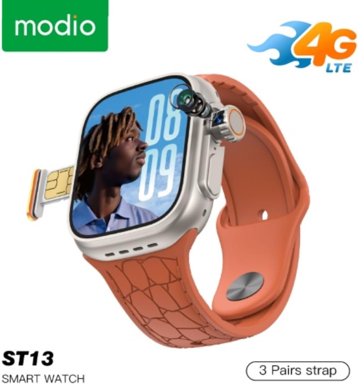 Modio ST-13 Ultra An advanced smart watch with 64GB memory, 4GB RAM, a built-in 180-degree rotating camera, and SIM support for an unprecedented comprehensive experience. Orange Buy Online at Best Price in Egypt - Souq is now Amazon.eg