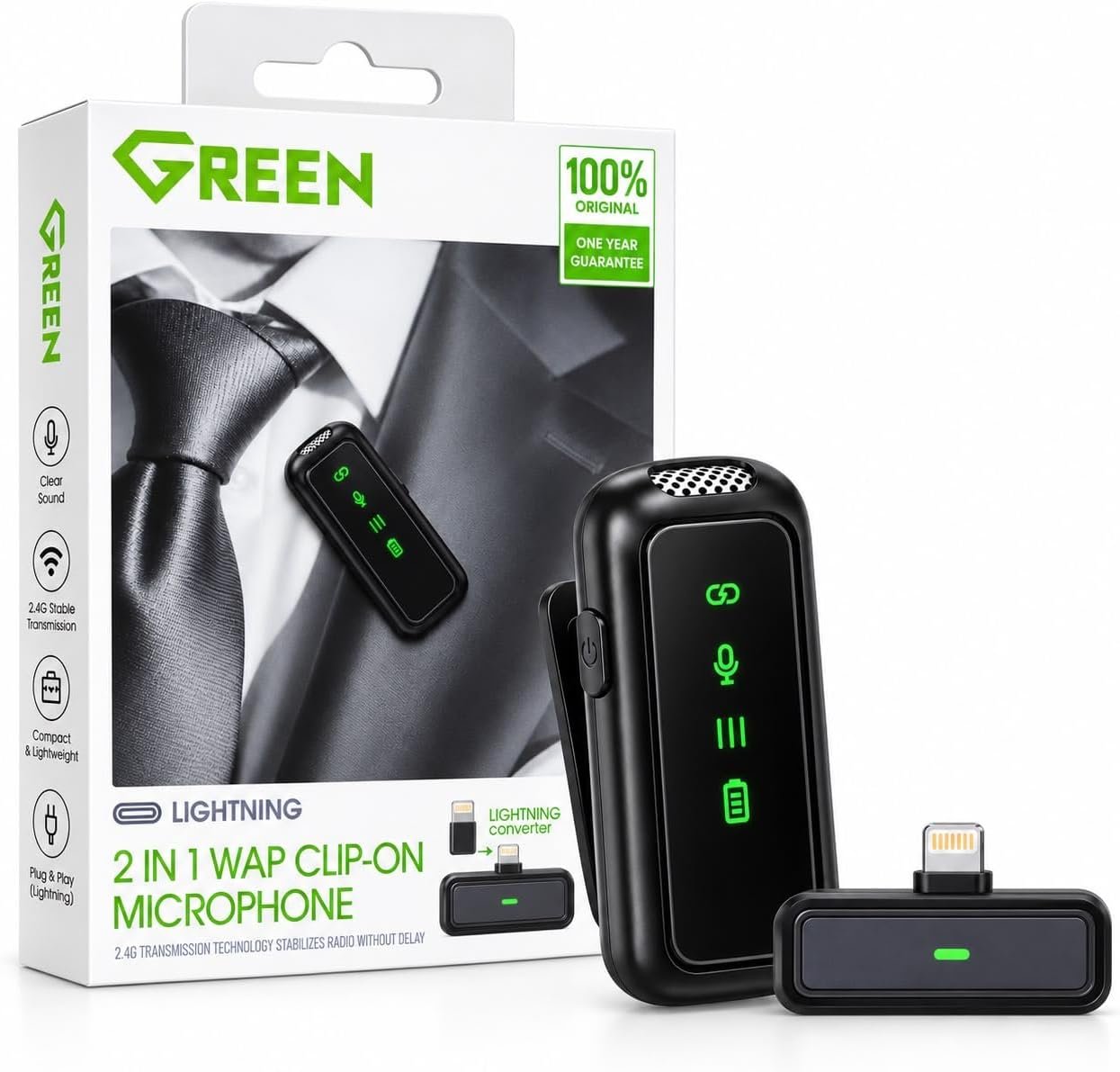 Green 2 in 1 WAP Clip-On Wireless Microphone compatible with Lightning | 2.4G Stable Transmission, Plug & Play, Crystal Clear Sound, Compact & Lightweight, 1 Year Guarantee Buy Online at Best Price in Egypt .