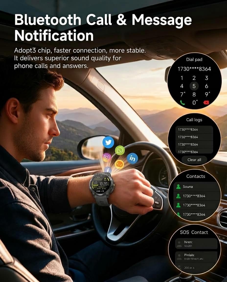 Military Smart Watch for Men, Built-in GPS, Bluetooth Call, 3ATM Waterproof | 1.43" AMOLED with Compass Flashlight, 178 Sport Fitness Watch, 24/7 Heart Rate/Blood Pressure/SpO2/Sleep Tracker, iOS/Android : Electronics - الصورة 3