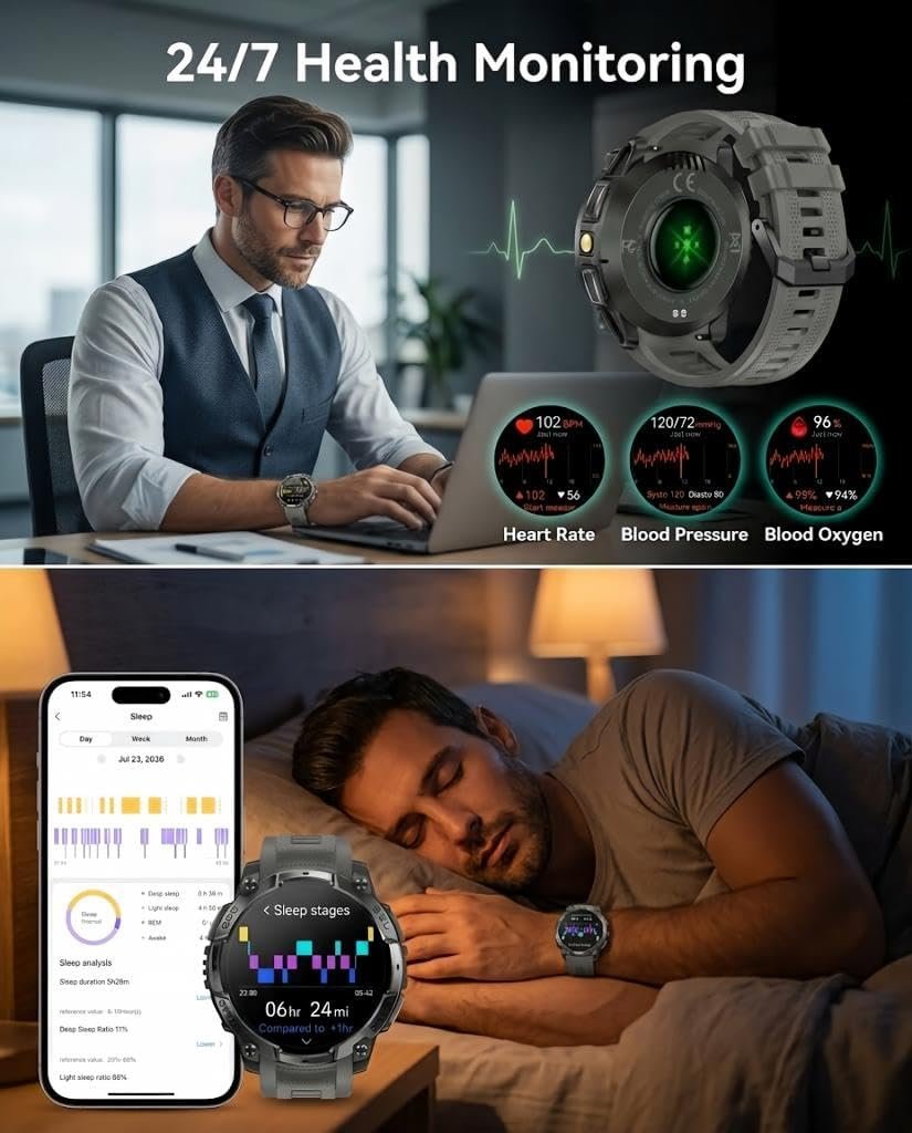 Military Smart Watch for Men, Built-in GPS, Bluetooth Call, 3ATM Waterproof | 1.43" AMOLED with Compass Flashlight, 178 Sport Fitness Watch, 24/7 Heart Rate/Blood Pressure/SpO2/Sleep Tracker, iOS/Android : Electronics - الصورة 5