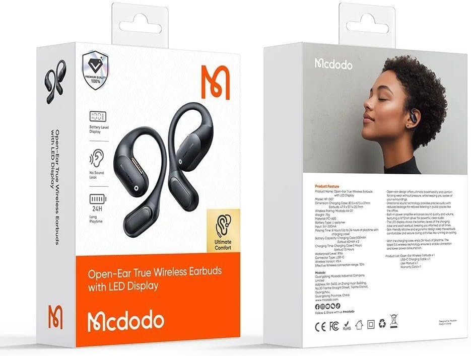 Mcdodou Open-Ear True Wireless Earbuds with LED Display, White | 24H Playtime, No Sound Leak, IP54 Waterproof, USB-C Charging, Over-Ear Hook Design Buy Online at Best Price in Egypt .