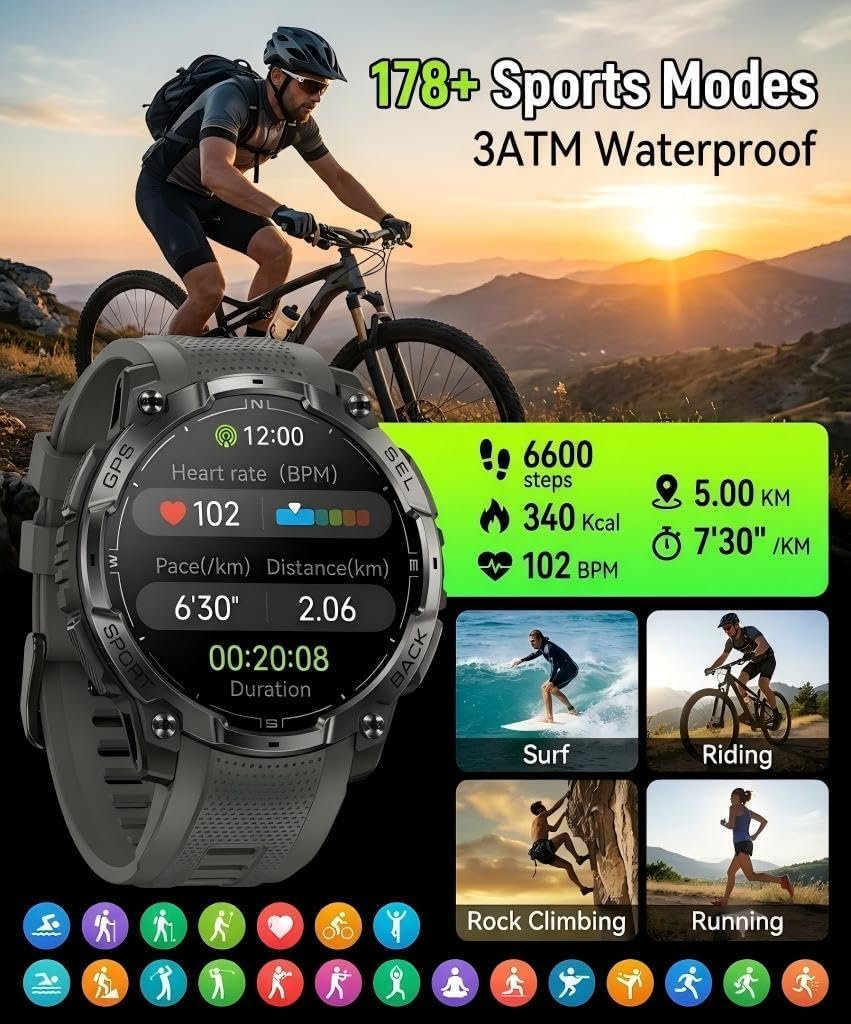 Military Smart Watch for Men, Built-in GPS, Bluetooth Call, 3ATM Waterproof | 1.43" AMOLED with Compass Flashlight, 178 Sport Fitness Watch, 24/7 Heart Rate/Blood Pressure/SpO2/Sleep Tracker, iOS/Android : Electronics - الصورة 4