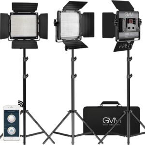 GVM 3 Pack LED Video Lighting Kits with APP Control, Bi-Color Variable 2300K~6800K with Digital Display Brightness of 10~100% for Video Photography, CRI97+ TLCI97 Led Video Light Panel +Barndoor : Electronics