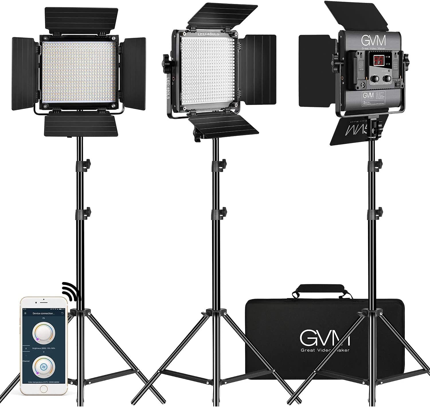 GVM 3 Pack LED Video Lighting Kits with APP Control, Bi-Color Variable 2300K~6800K with Digital Display Brightness of 10~100% for Video Photography, CRI97+ TLCI97 Led Video Light Panel +Barndoor : Electronics