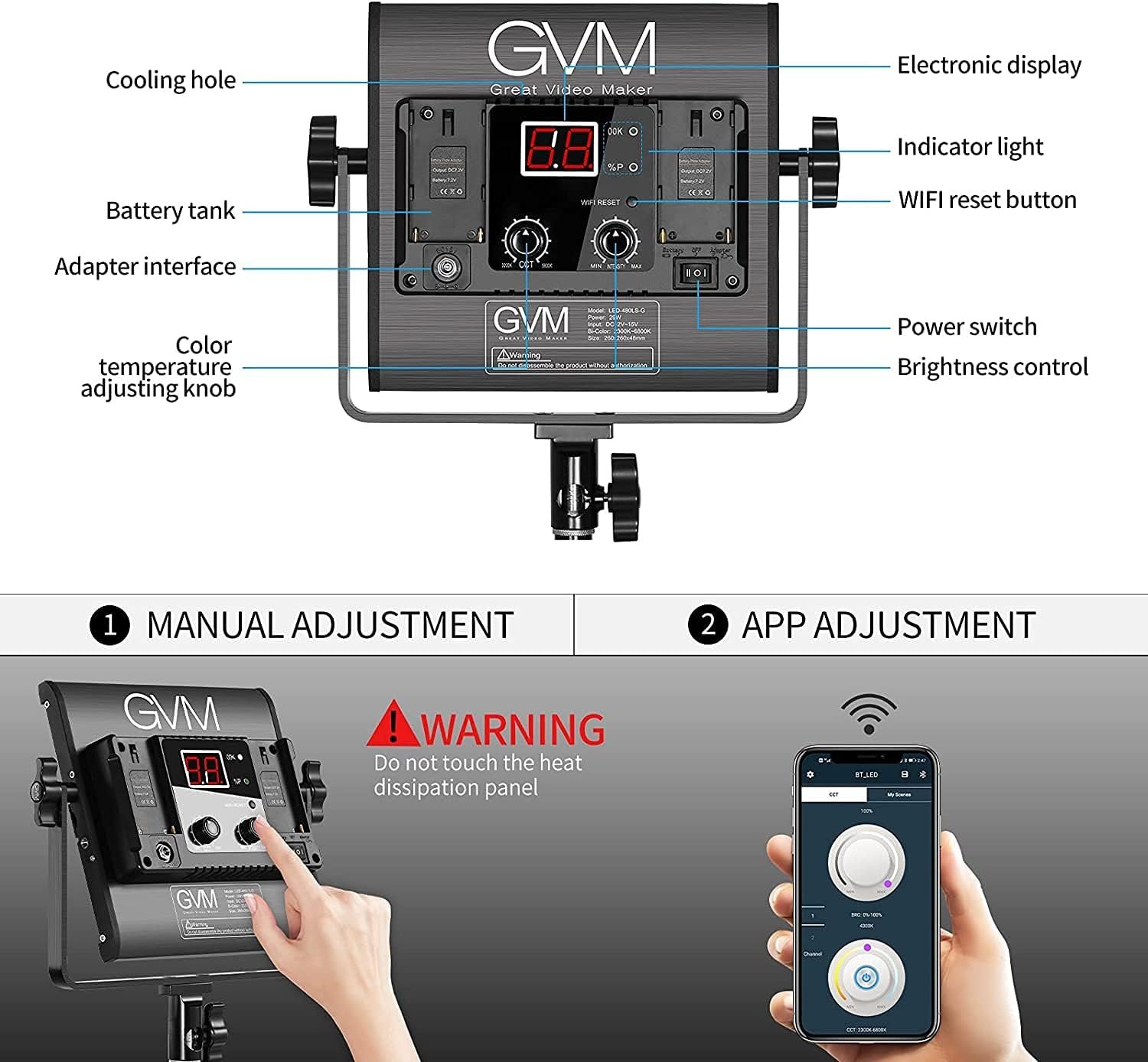 GVM 3 Pack LED Video Lighting Kits with APP Control, Bi-Color Variable 2300K~6800K with Digital Display Brightness of 10~100% for Video Photography, CRI97+ TLCI97 Led Video Light Panel +Barndoor : Electronics - الصورة 3