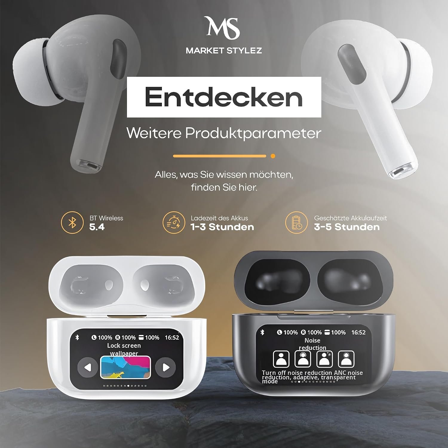 Market Stylez A9 Pro Touchscreen Bluetooth Headphones - Noise Cancelling, Rechargeable, Wireless & Smart Touch Control (White) Buy Online at Best Price in Egypt . - الصورة 3