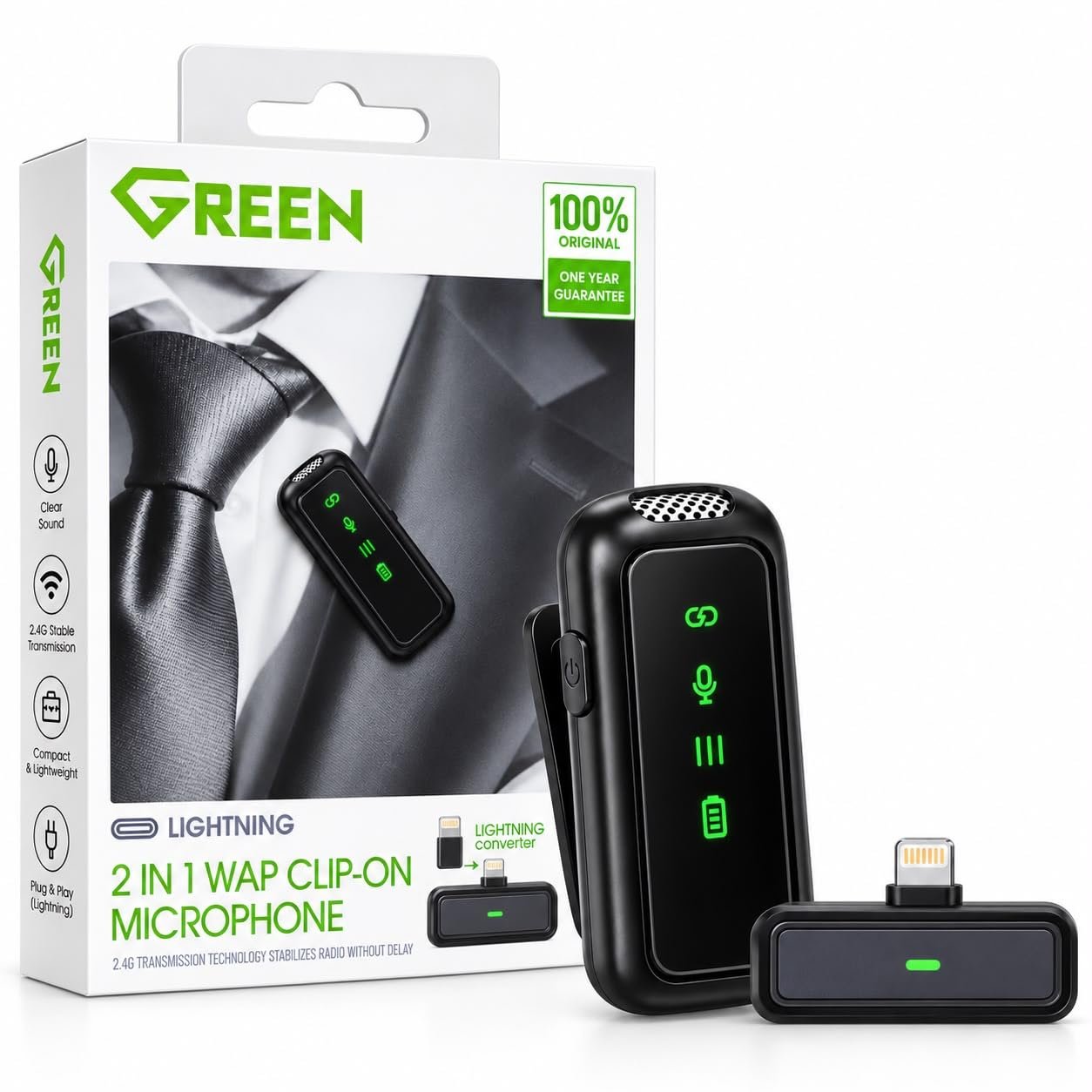 Green 2 in 1 WAP Clip-On Wireless Microphone compatible with Lightning | 2.4G Stable Transmission, Plug & Play, Crystal Clear Sound, Compact & Lightweight, 1 Year Guarantee Buy Online at Best Price in Egypt . - الصورة 4