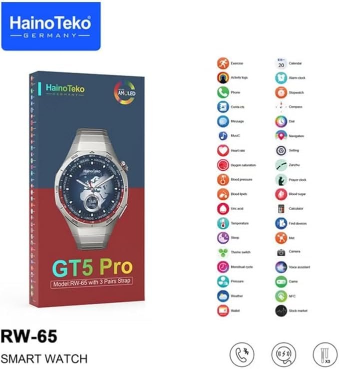 Hainoo Teko germany GT5 Pro Smart Watch RW-65, AMOLED Display, Voice Assistant, 3 Straps, Wireless Charging (Silver) Buy Online at Best Price in Egypt . - الصورة 5
