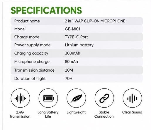 Green 2 in 1 WAP Clip-On Wireless Microphone compatible with Lightning | 2.4G Stable Transmission, Plug & Play, Crystal Clear Sound, Compact & Lightweight, 1 Year Guarantee Buy Online at Best Price in Egypt . - الصورة 10