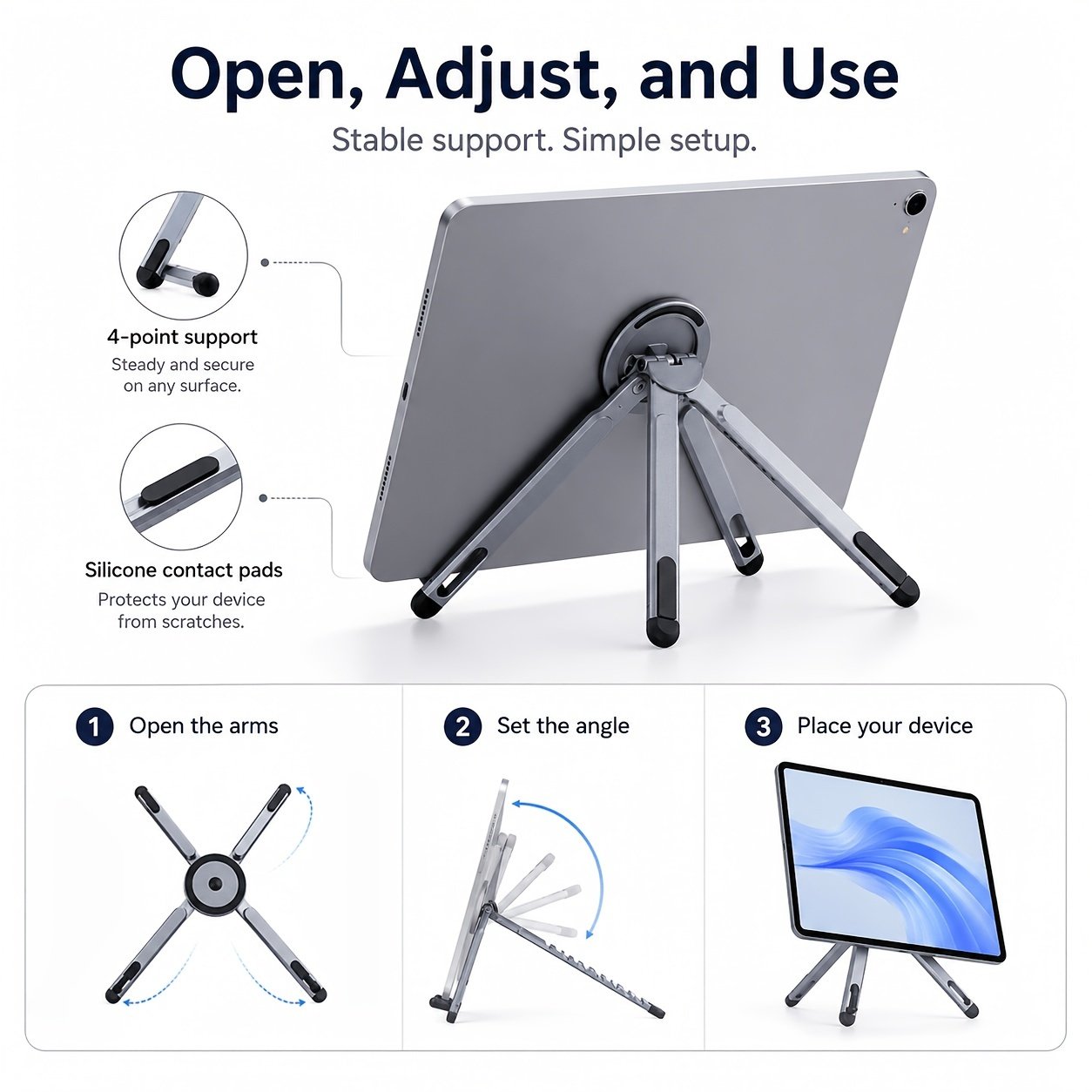 360° Rotatable Foldable Tablet Stand with Multi-Angle Adjustment &Portable Desktop Holder - Adjustable Arms Suitable for Smartphones, Tablets, Laptops, Compatible for,, -Readers, for Office Travel Use - الصورة 14